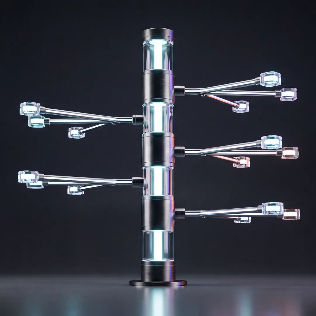 Eine leuchtende Säule trägt auf vier Ebenen ausschwenkende Arme, an deren Enden kleinere Glasmodule ihr Licht aus der Säule beziehen
