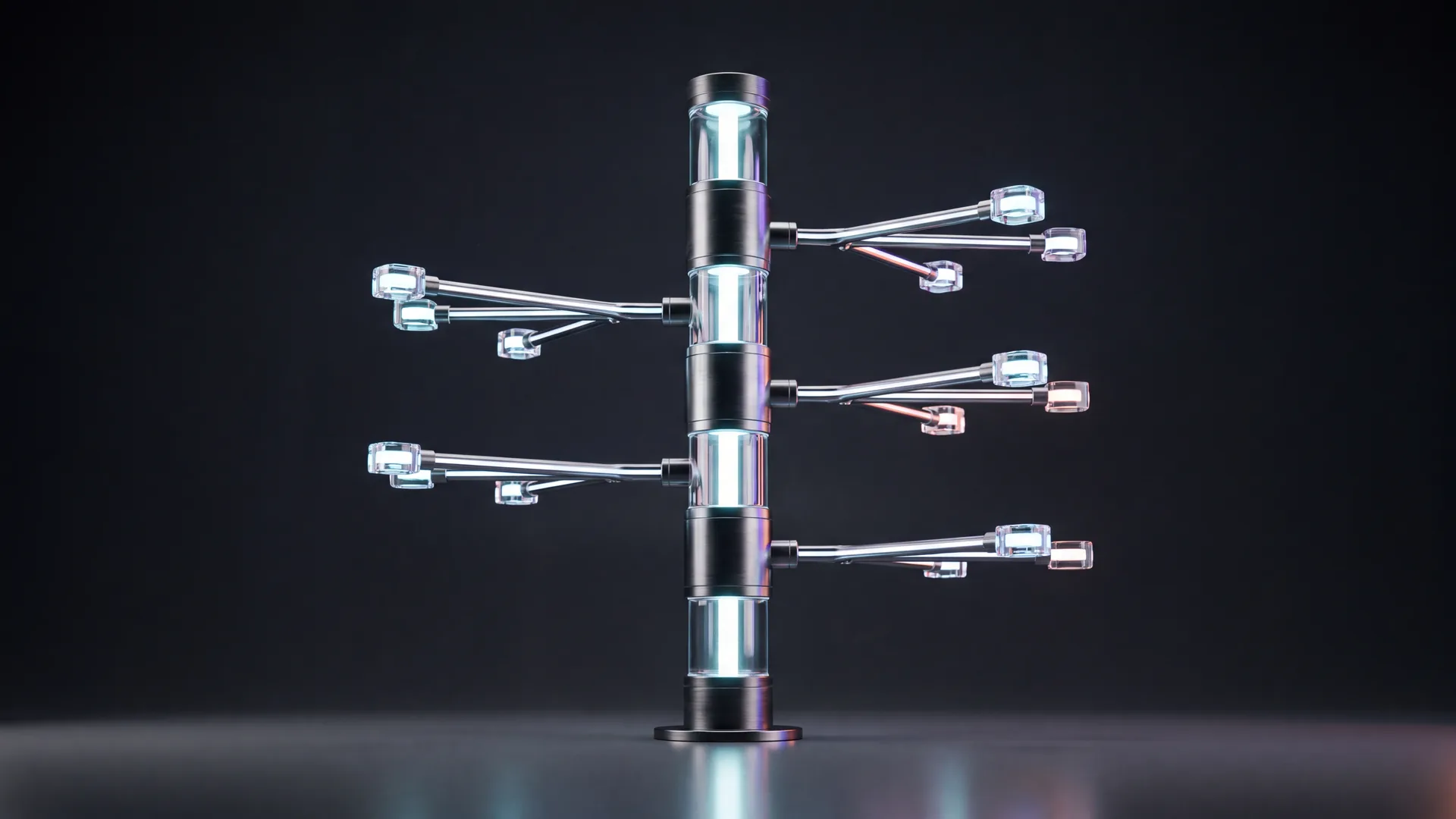 Eine leuchtende Säule trägt auf vier Ebenen ausschwenkende Arme, an deren Enden kleinere Glasmodule ihr Licht aus der Säule beziehen