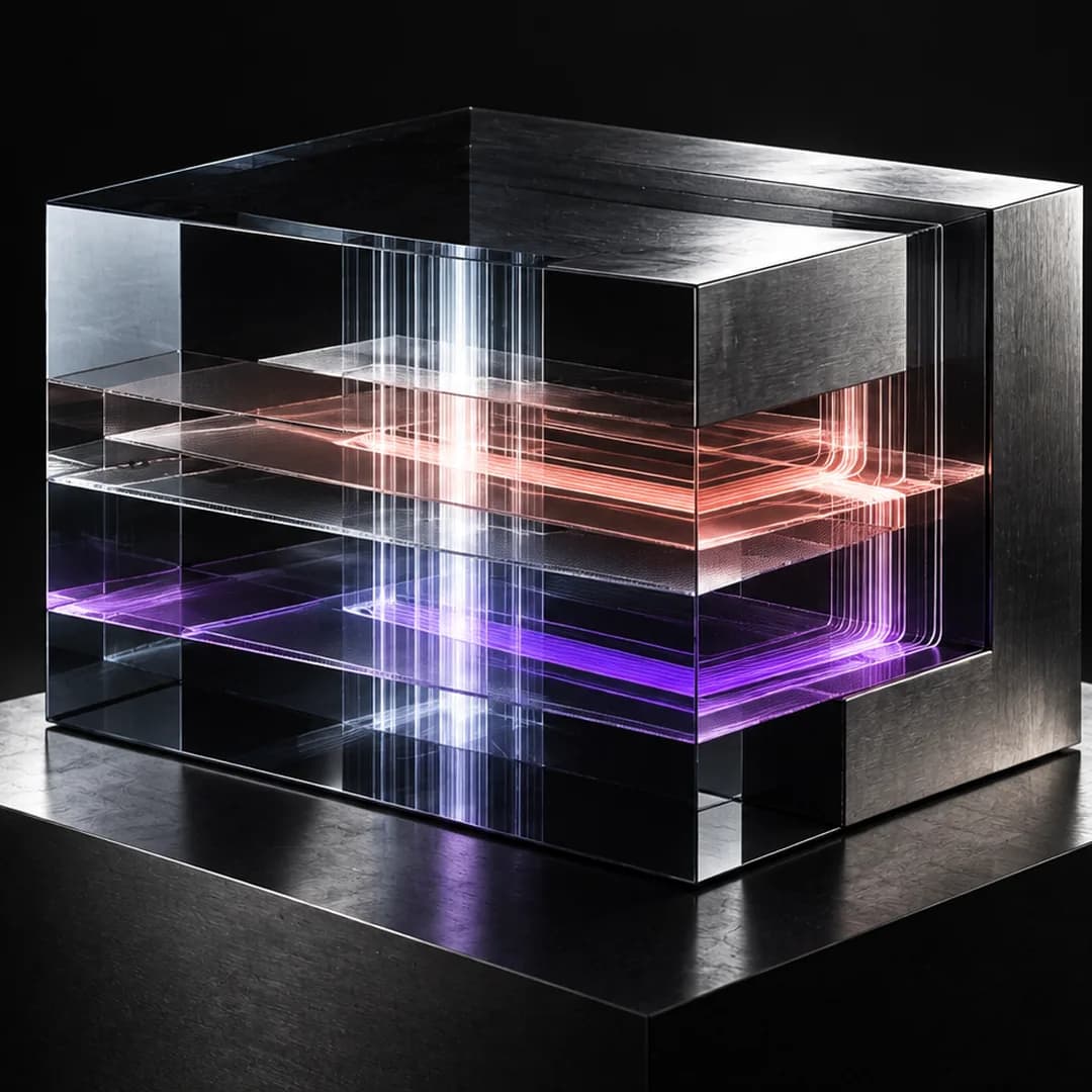 Ein Glaskörper mit drei farbig leuchtenden Innenebenen steht auf einem massiven Metallsockel