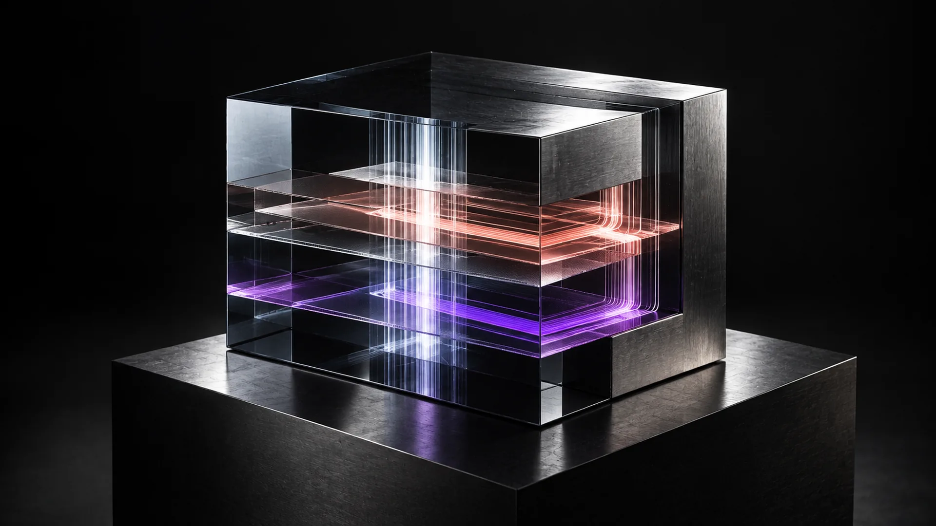 Ein Glaskörper mit drei farbig leuchtenden Innenebenen steht auf einem massiven Metallsockel