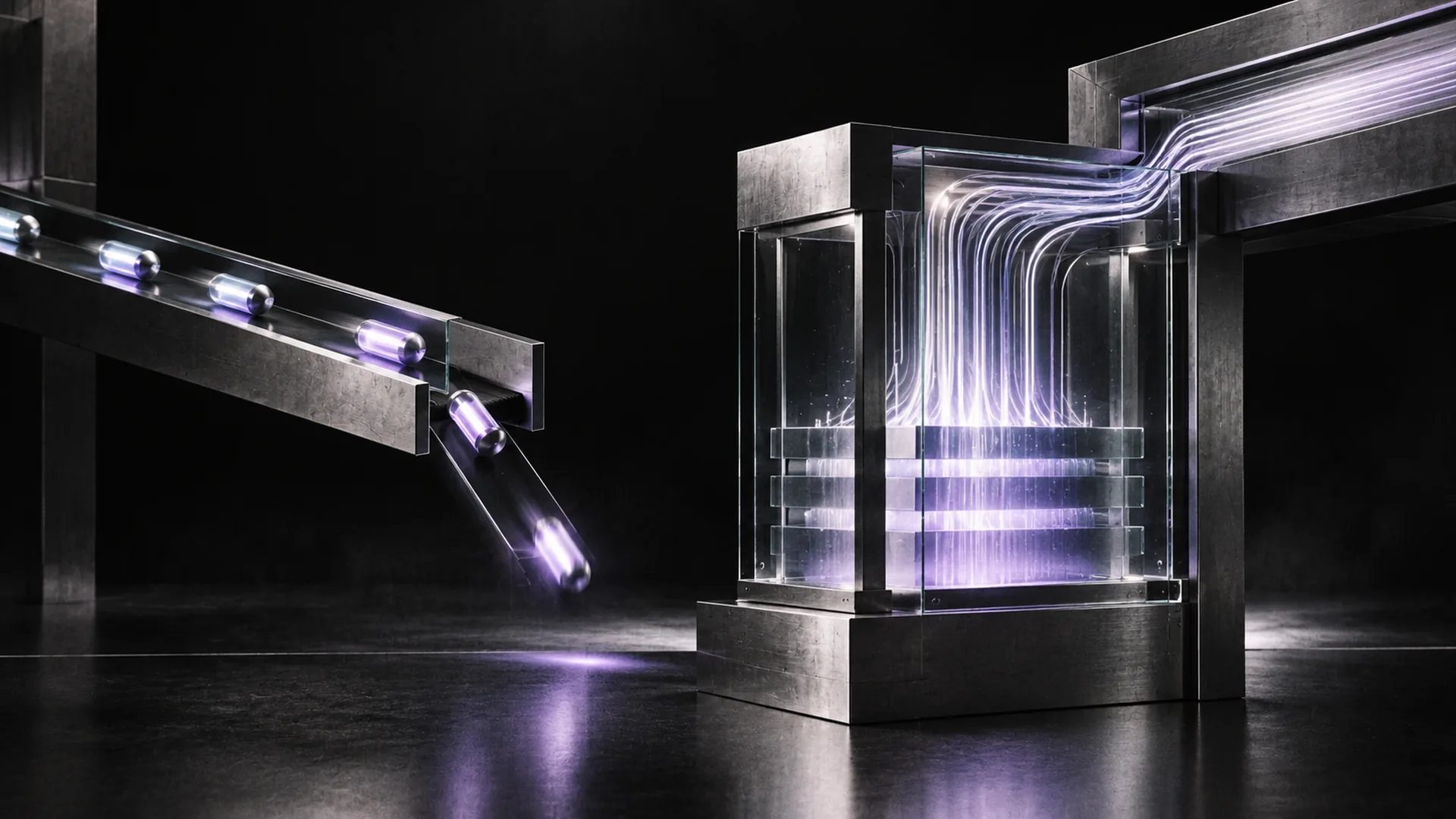 Links fallen leuchtende Kapseln vom Ende einer Schiene, rechts zirkuliert Licht in einem geschlossenen Glasgehäuse