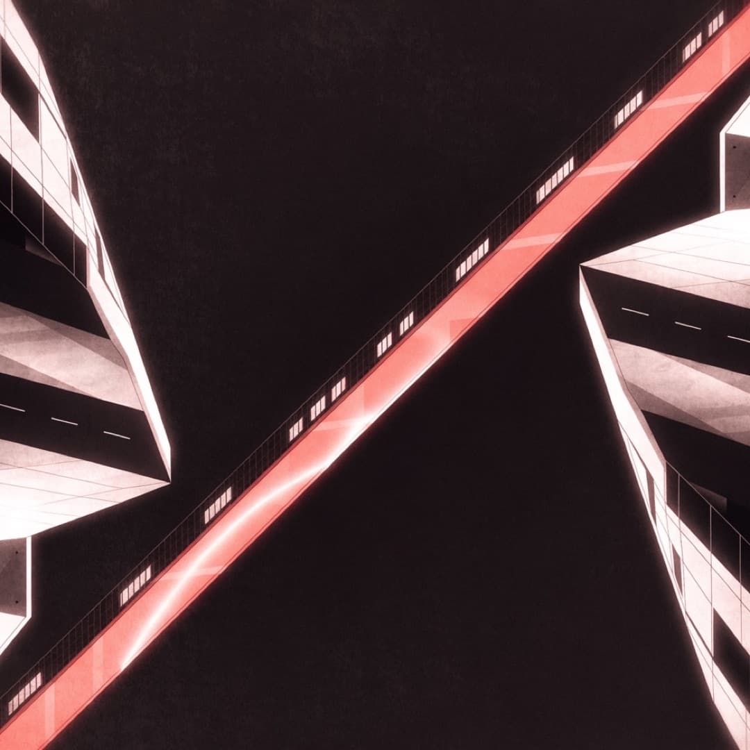 Zwei getrennte Baukörper, verbunden durch eine diagonal aufleuchtende Brücke in Coral.