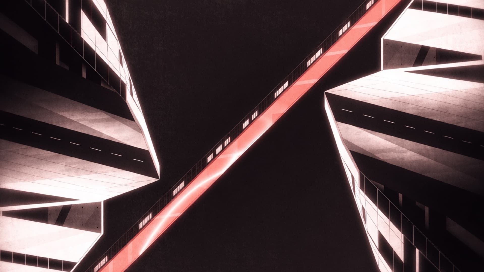 Zwei getrennte Baukörper, verbunden durch eine diagonal aufleuchtende Brücke in Coral.