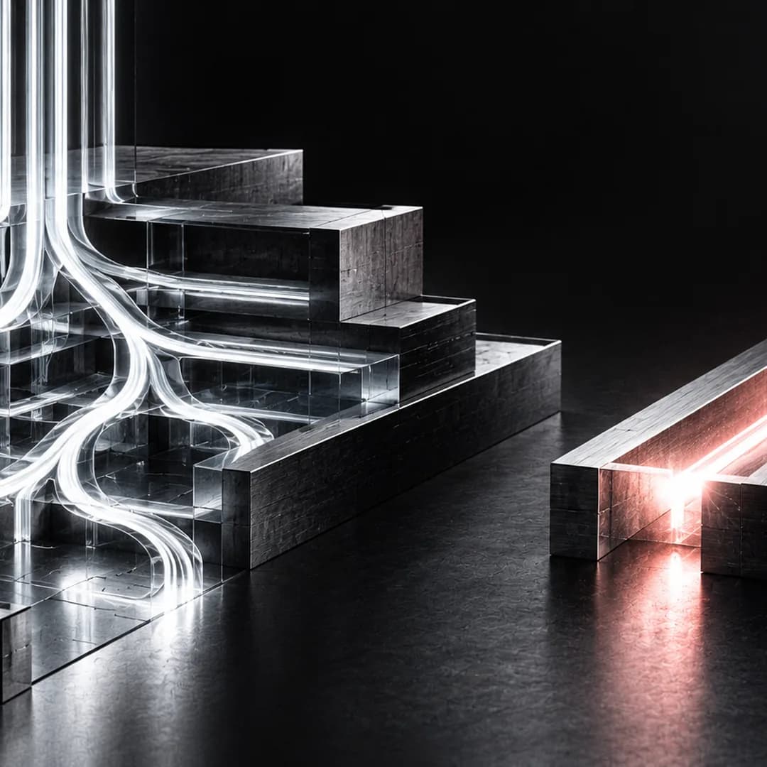 Links ein verzweigtes weißes Lichtnetz, das sich über gestufte Metallblöcke ausbreitet, rechts ein einzelner roter Strahl in einer geraden Rinne