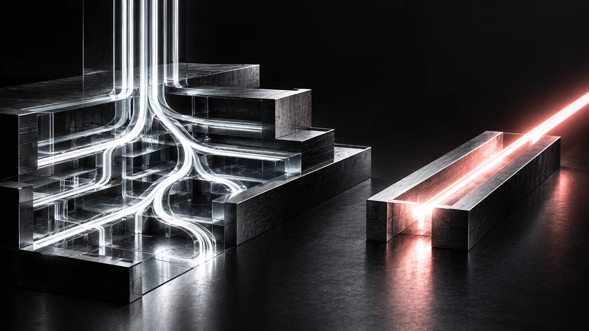 Links ein verzweigtes weißes Lichtnetz, das sich über gestufte Metallblöcke ausbreitet, rechts ein einzelner roter Strahl in einer geraden Rinne