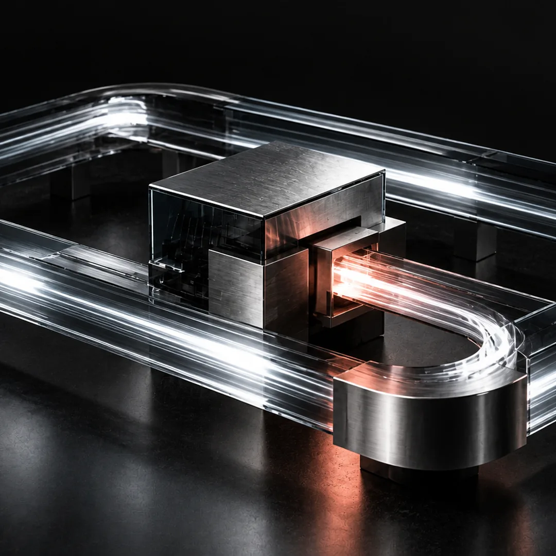 Licht läuft in einer geschlossenen Glasbahn im Kreis und passiert dabei einen Metallblock, der es verstärkt