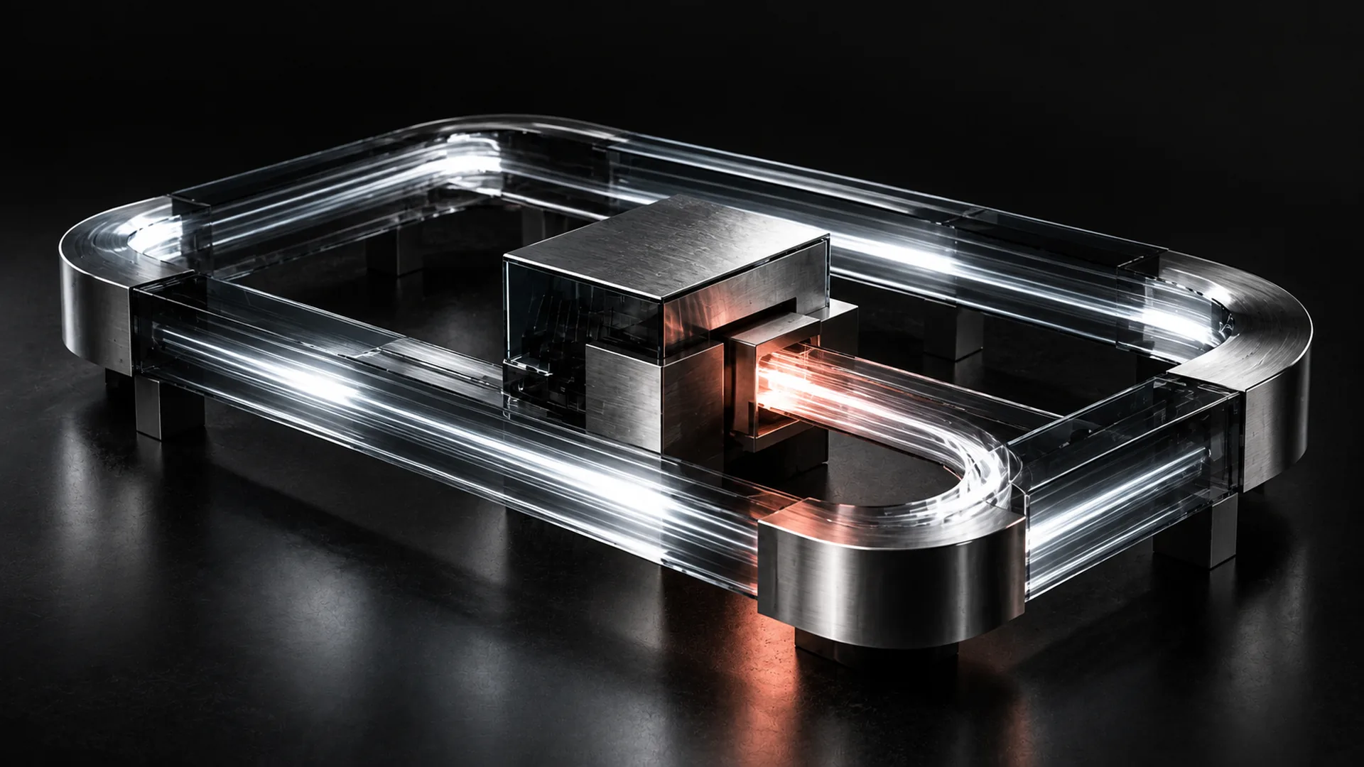 Licht läuft in einer geschlossenen Glasbahn im Kreis und passiert dabei einen Metallblock, der es verstärkt