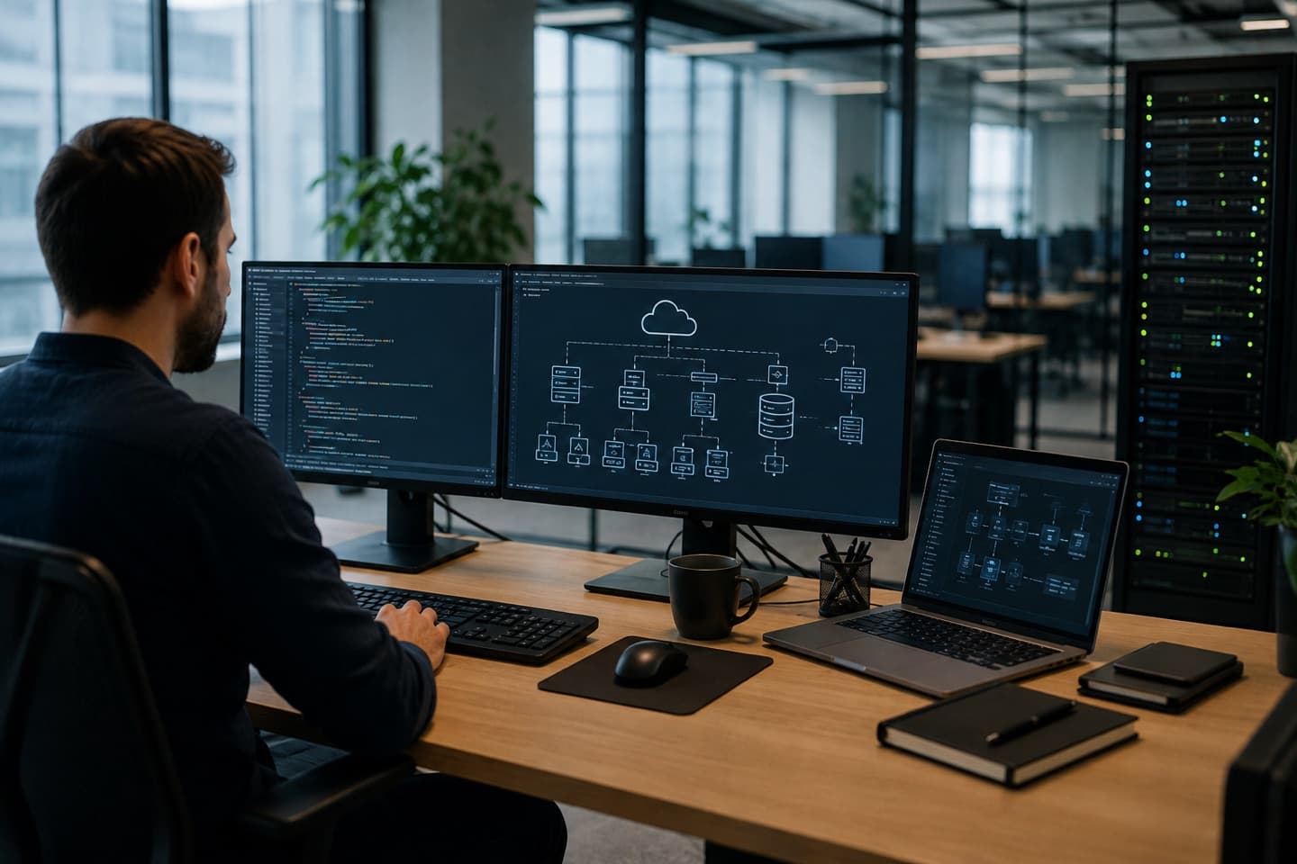 Arbeitsplatz mit Quellcode auf dem einen und einem Systemarchitekturdiagramm auf dem anderen Bildschirm, im Hintergrund ein Serverschrank.