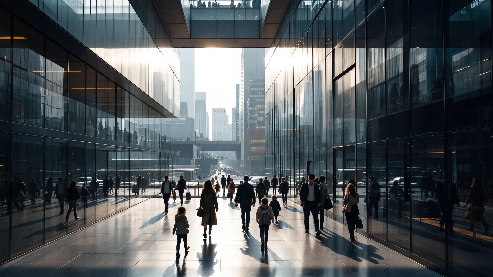 Moderne Unternehmensarchitektur mit verbundenen Ebenen und Menschen als Sinnbild für Strategie, digitale Infrastruktur und operative Umsetzung.
