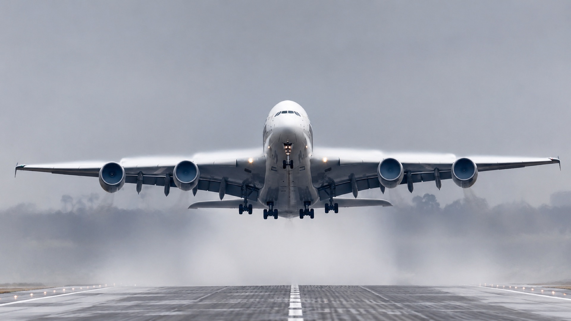 Frontansicht eines startenden Passagierflugzeugs als Symbol für Richtung, Reichweite und koordinierte Umsetzung