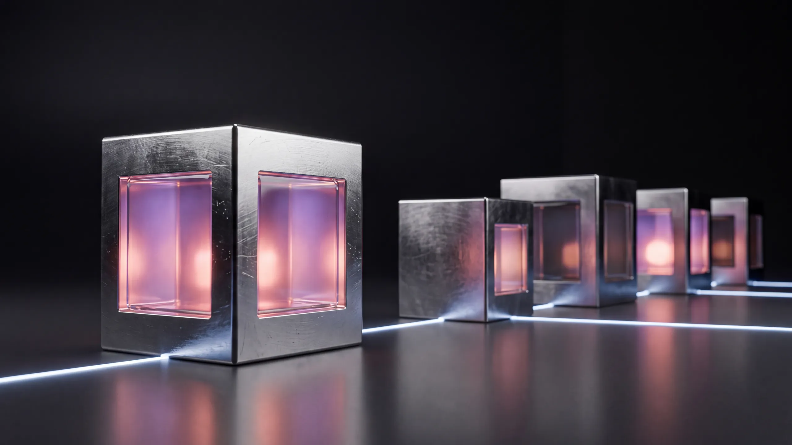 Eine Reihe massiver Metallblöcke unterschiedlicher Größe steht auf dunklem Grund, verbunden durch eine Lichtlinie, der vorderste trägt einen hell leuchtenden Glaskern